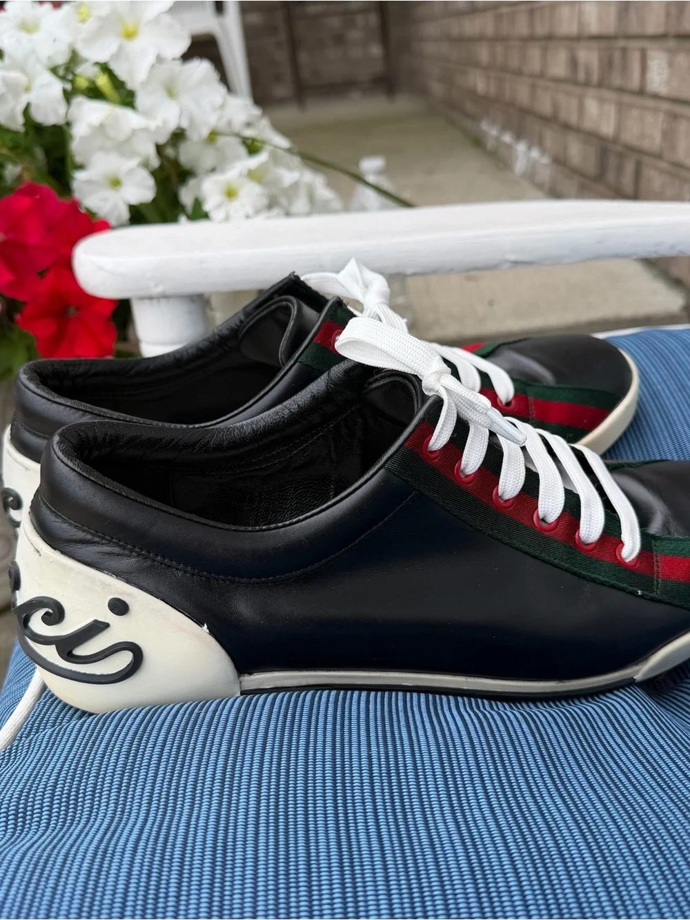 Black Leather Low-Top Sneakers with Red & Green Stripe